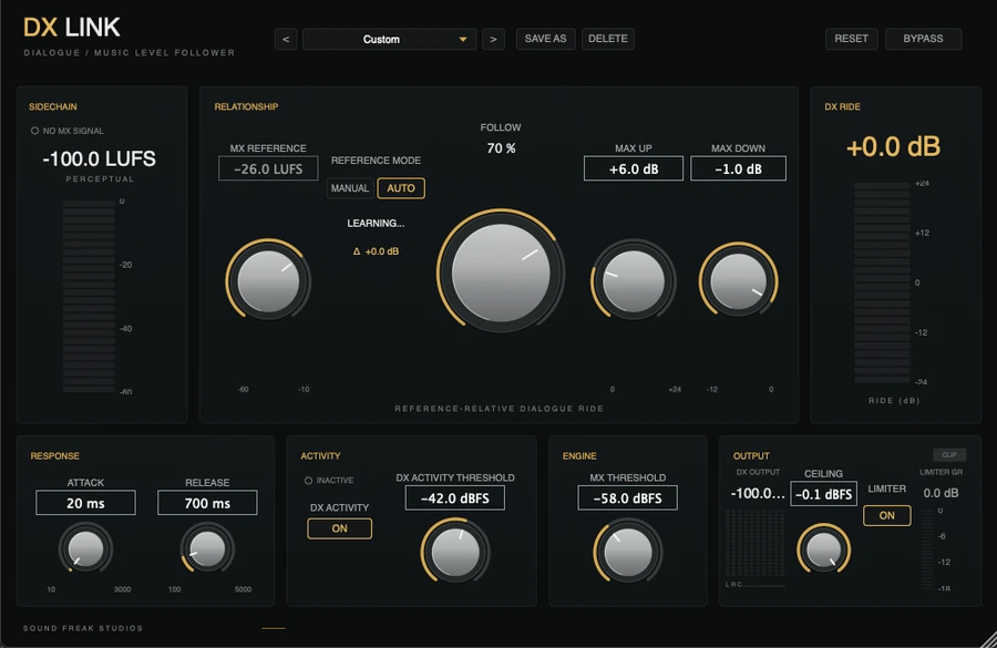 DXLink AAX, VST3 and AU dialogue level follower plugin for macOS