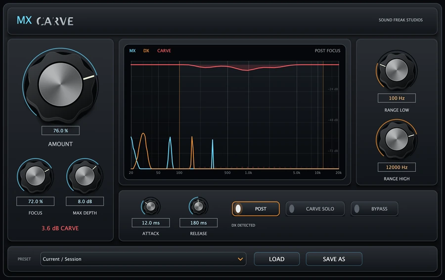 MXCarve AAX, VST3 and AU dialogue-aware spectral carving interface for macOS