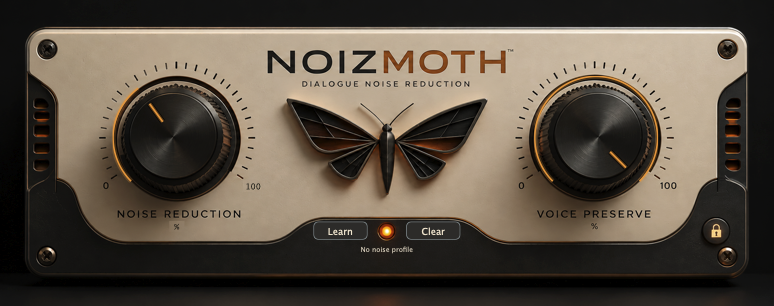 NoizMoth interface with Noise Reduction, Voice Preserve, Learn and Clear controls