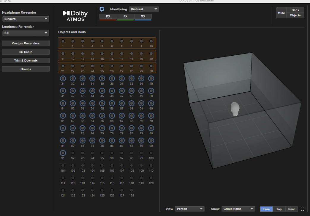 Podcast Binaural Mix Template – Dolby Atmos Renderer Binaural View