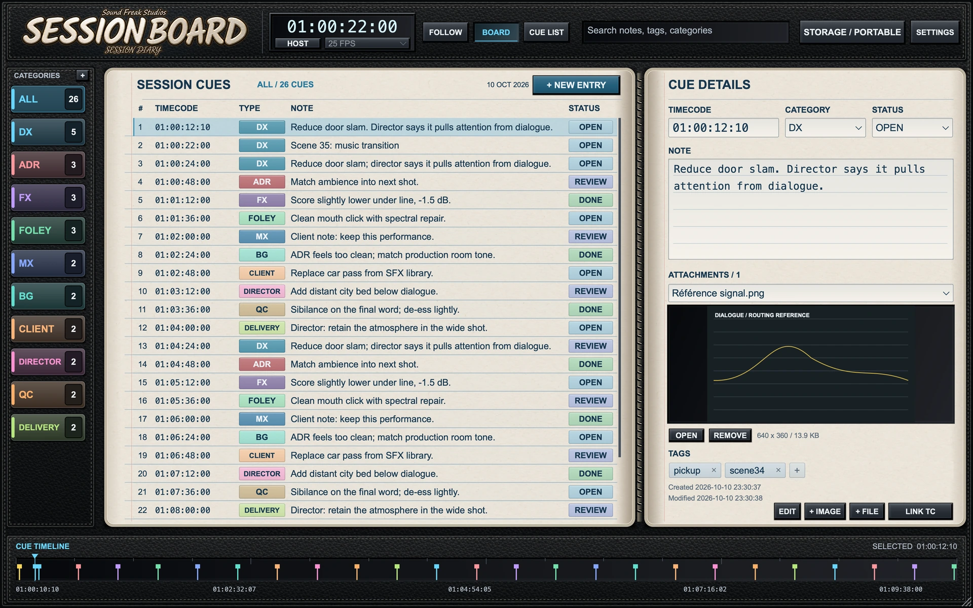 Session Board’s leather diary interface populated with timecoded sample cues, categories, status labels and a reference attachment