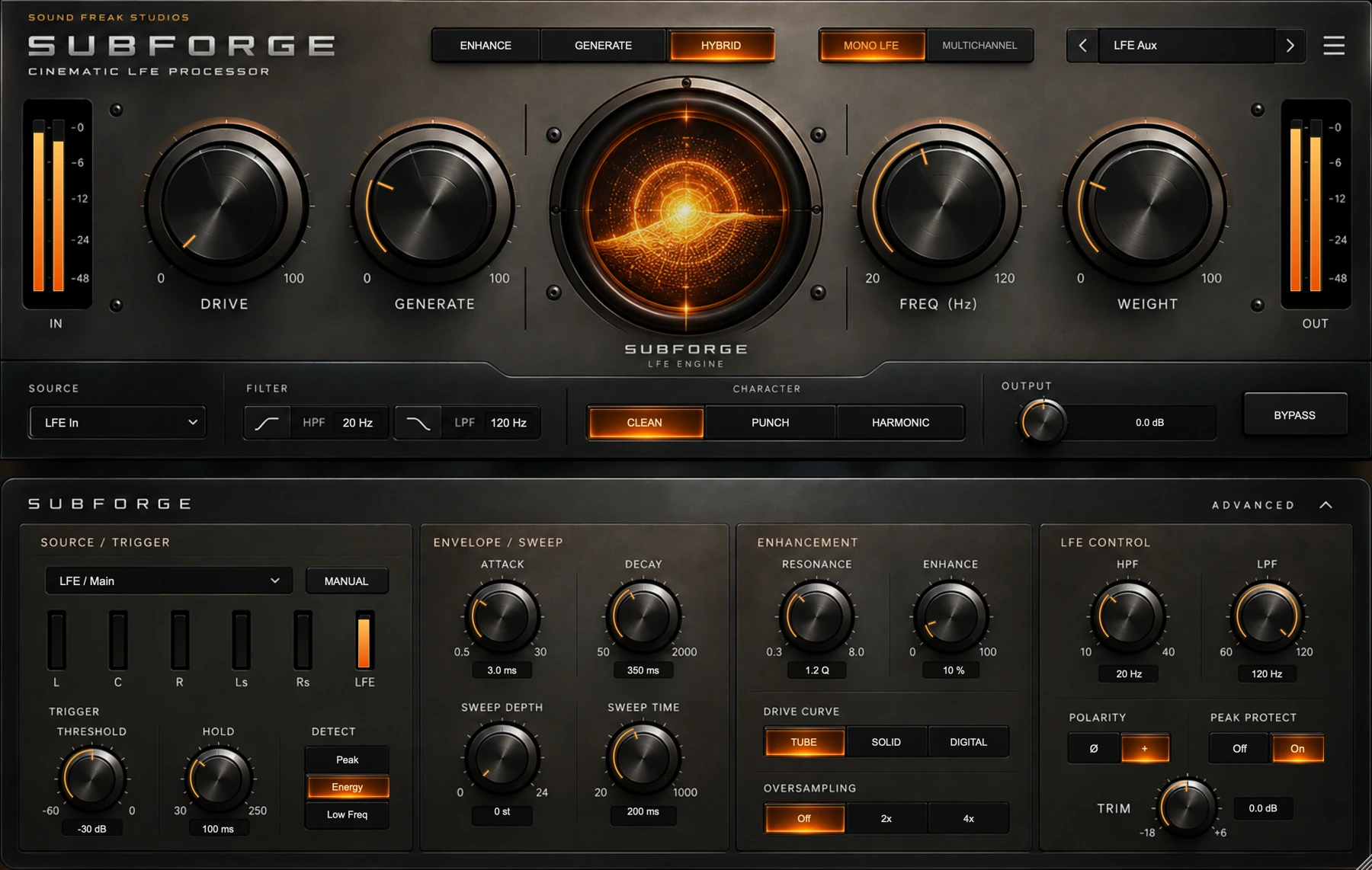 SUBFORGE main and Advanced panels, including source detection, envelope, sweep, enhancement and LFE controls